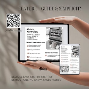 May include: A tablet and smartphone display a guide on creating an RSVP, website, and countdown. The text reads "FEATURE - GUIDE & SIMPLICITY" and "Quick Overview." Includes easy step-by-step PDF instructions. No Canva skills needed.