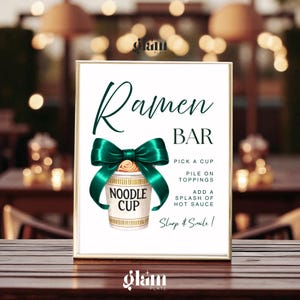Green theme Ramen Noodle Bar Sign Template –Emerald green bows Food Station – Editable Canva for Birthday, Bachelorette & Graduation Party