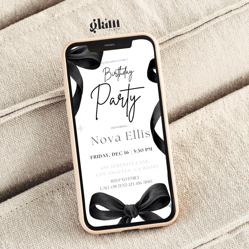 May include: A black and white birthday party invitation with a black ribbon bow. The invitation reads "Please join us for a Birthday Party honouring Nova Ellis, Friday, Dec 16, 5:30 PM, 456 Serenity Lane, Los Angeles, CA 90049, RSVP to Emily, Call or Text: 123-456-7890".
