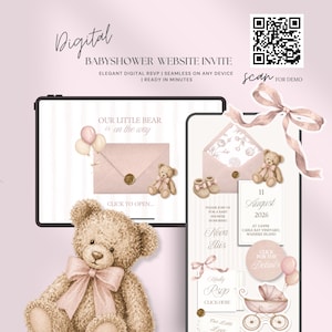 May include: Digital baby shower website invite with a teddy bear theme. The design includes a pink envelope, balloons, baby shoes, and a stroller. The text reads "Our Little Bear is on the way" and "RSVP".