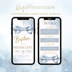 May include: Digital invitation for a baptism featuring a blue bow tie and gold text. The invitation includes the name Mesan Levi, the date and time of the baptism, the location, and the reception details. RSVP information is also provided.