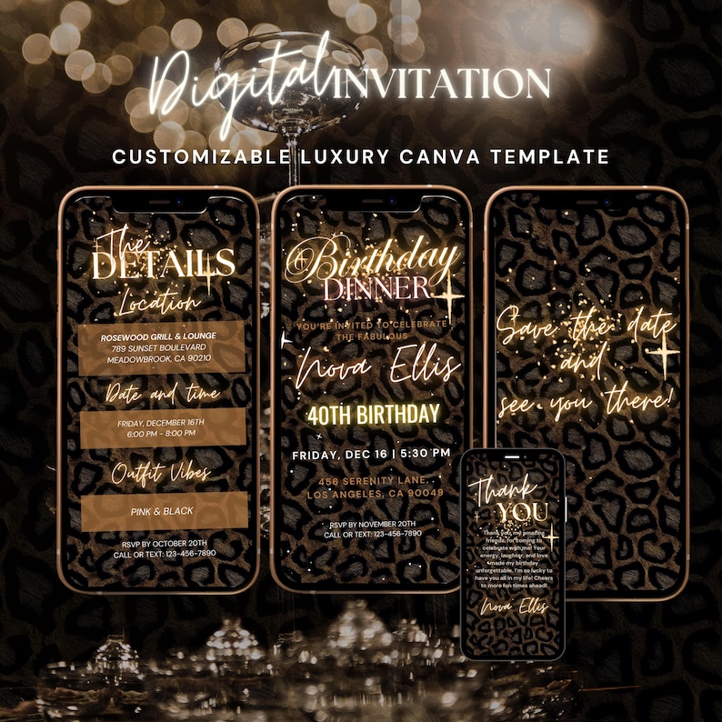 May include: A digital invitation for a 40th birthday dinner party. The invitation features a leopard print background with gold accents. The text on the invitation reads "Birthday Dinner", "Nova Ellis", "40th Birthday", "Save the date and see you there!" and "Thank You".