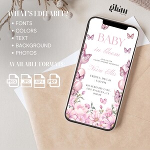 May include: A pink and white digital invitation for a baby shower. The invitation features a floral design with butterflies and balloons. The text reads "Baby in Bloom" and includes the name "Nova Ellis", the date and time of the event, and the address.