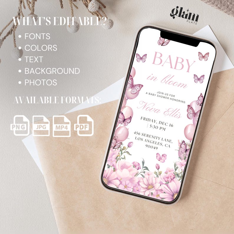 May include: A pink and white digital invitation for a baby shower. The invitation features a floral design with butterflies and balloons. The text reads "Baby in Bloom" and includes the name "Nova Ellis", the date and time of the event, and the address.