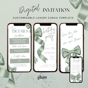 Invitation d'anniversaire avec noeud vert sauge, invitations de fête d'anniversaire vert sauge, invitation d'anniversaire vert sauge, invitation d'anniversaire numérique vert sauge, invitation d'anniversaire sauge