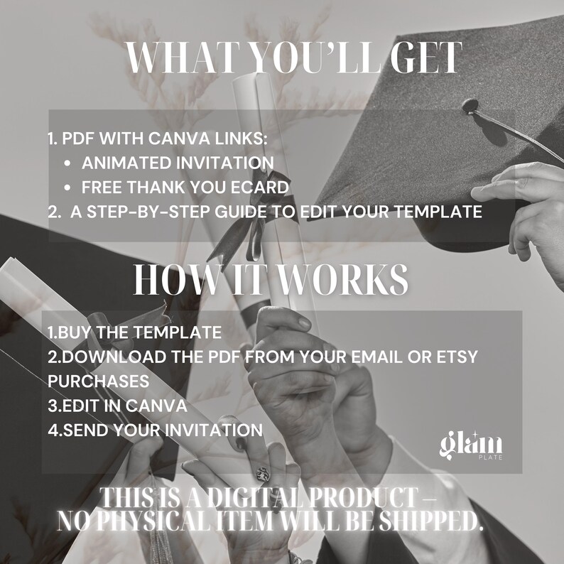 May include: A digital product listing for a graduation invitation template. The image shows a graduation cap and diploma with text that says "What You'll Get" and "How It Works". The text lists the contents of the template, which includes an animated invitation, a free thank you ecard, and a step-by-step guide to edit the template. The text also explains how to buy, download, edit, and send the invitation.