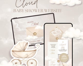May include: A digital baby shower website template displayed on a tablet and smartphone screen. The design features beige clouds, a vintage baby carriage illustration, and text including "Cloud BABY SHOWER WEBSITE", "HEAVEN Sent", and event details.