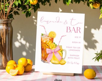 Limonade & Eistee Bar Zeichen Canva Vorlage Bearbeitbar Coquette Pink Trinkstation Druckbar Babyparty Brautdusche Geburtstag Party Dekor