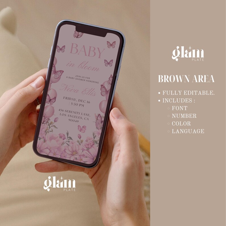 May include: A pink and white digital invitation with butterflies and floral designs. The text reads "Baby in Bloom" and includes the name "Nova Ellis" and details for a baby shower. The invitation is displayed on a smartphone.