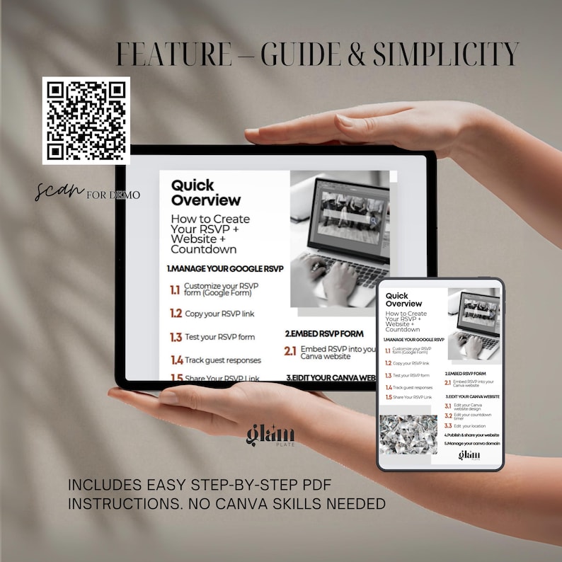May include: A digital guide displayed on two tablets featuring the text Quick Overview How to Create Your RSVP + Website + Countdown with step-by-step instructions for managing Google RSVP forms, embedding forms, and editing Canva website designs.