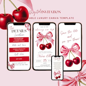 May include: A digital invitation for a bridal shower with a cherry on top theme. The invitation features a pink bow and two red cherries. The text on the invitation reads "She is the cherry on top" and "Please join us for a bridal shower honouring Nova Ellis".