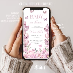 May include: A pink and white baby shower invitation with butterflies and flowers. The text reads "Baby in Bloom" and includes the name "Nova Ellis", the date "Friday, Dec 16", the time "5:30 PM", and the address "456 Serenity Lane, Los Angeles, CA 90049".