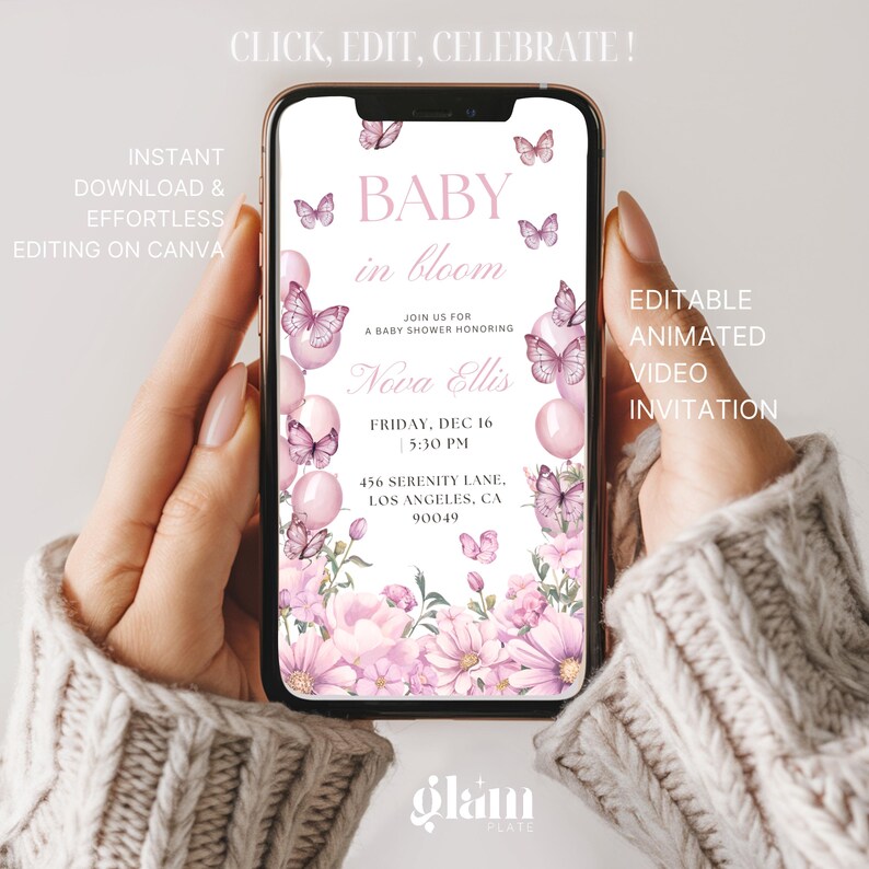 May include: A pink and white baby shower invitation with butterflies and flowers. The text reads "Baby in Bloom" and includes the name "Nova Ellis", the date "Friday, Dec 16", the time "5:30 PM", and the address "456 Serenity Lane, Los Angeles, CA 90049".
