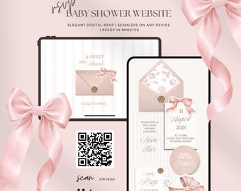 Sitios web elegantes para confirmar asistencia a baby shower con lazo rosa, invitación editable para baby shower en rosa rubor, invitación minimalista para baby shower en rosa empolvado 7B