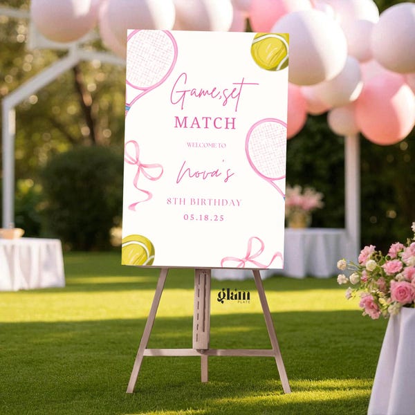 Coquette pink bow tennis welcome sign poster tennis party theme tennis party sign sport welcome sign bachelorette tennis bridal shower KTP1