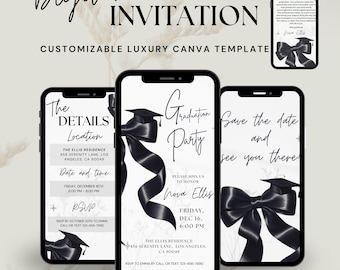Animated Black Bow Graduation Party Invitation|modern graduation invite,coquette bow graduation,class of2026,gradinvitations,modern graduate