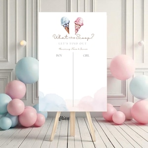 Peut inclure: Panneau blanc sur chevalet en bois avec le texte "What the Scoop?" et "Let's Find Out". Le panneau présente des cônes de crème glacée à l'aquarelle et des espaces pour "Boy" et "Girl". Des ballons roses et bleus entourent le panneau.