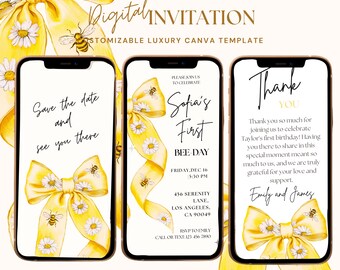 Bee first birthday bow invitation,first birthday invitation girl bee,1st birthday invitation bee,birthday invitation template bee day girl