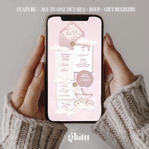 May include: A smartphone screen displays a baby shower invitation with a pink and white design. The invitation includes the text "Nova Ellis", date, time, and location. Decorative elements include clouds, a baby carriage, and the text "Click for the Details."
