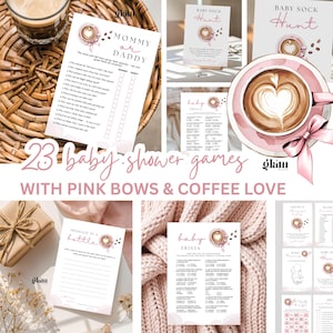 Baby is brewing baby shower games pink bow coffee theme pink coffee shower editable printable baby shower game bundle digital baby game BCP1