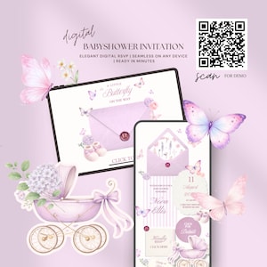 Pode incluir: Convite digital para chá de bebé com tema de borboletas. O design apresenta um tablet e um smartphone exibindo o convite, um carrinho de bebé e borboletas em tons de rosa e roxo. O texto inclui "BABYSHOWER INVITATION" e "A Little Butterfly On The Way."
