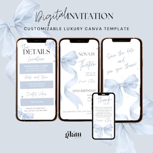 May include: A digital invitation template for a 13th birthday party. The template features a blue ribbon bow with a white background and text that says "Nova is Thirteen" and "Join us to celebrate Nova Ellis".