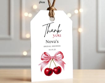 Cherry Gift Tags Printable Editable Canva Favor Tag Template Cherry Bridal Shower Coquette Bow Party DIY Wedding Galentine Tag Download BRC1