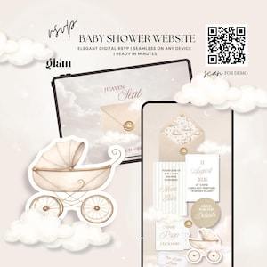 May include: A digital baby shower website design with a light beige and gold color scheme. The design includes a baby carriage illustration, cloud graphics, and the text "Baby Shower Website". A QR code is also present.