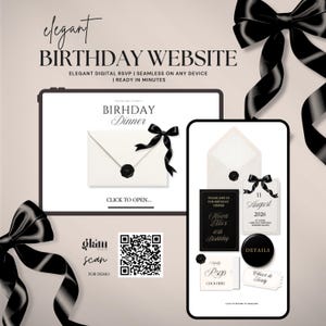 Black Bow Birthday Invitation rsvp website, luxurious editable invitating, black coquettful elegant birthday invitation template canva BB4