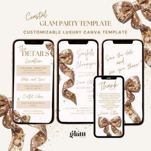 Pode incluir: Design do modelo Coastal Glam Party em smartphones. O design inclui texto como "The Details", "Seashells & Champagne" e "Save the date". O design apresenta laços dourados, conchas e pérolas. Modelo Canva de luxo personalizável.