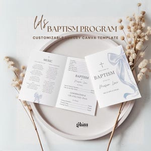 May include: A baptism program template with the text "Lds BAPTISM PROGRAM" and "CUSTOMIZABLE LUXURY CANVA TEMPLATE". The program features a light blue bow and text that reads "WELCOME TO BAPTISM of our son Meson Levi".