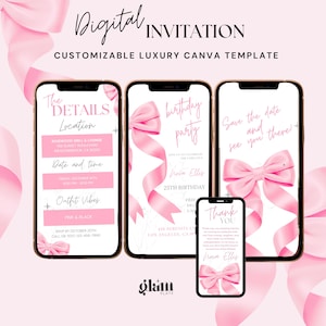 Geanimeerde roze strik verjaardagsuitnodiging, roze coquette boog uitnodigen, roze strik uitnodiging coquette digitaal, roze verjaardag uitnodigen strik, roze strik verjaardag 8PB