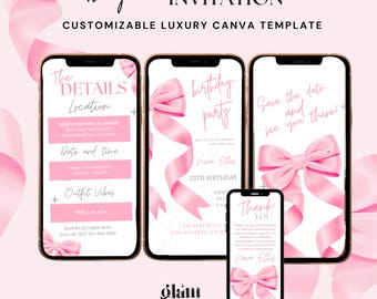 Animated Pink Bow Birthday Invite,pink coquette bow invite,pink bow invitation coquette digital,pink birthday invite bow,pink bow bday invit