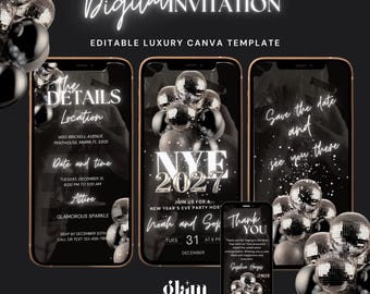 May include: A digital invitation Canva template featuring a black background with silver disco balls and white neon-style text. The design includes multiple mobile phone screens displaying event details for a New Year's Eve party in 2027.