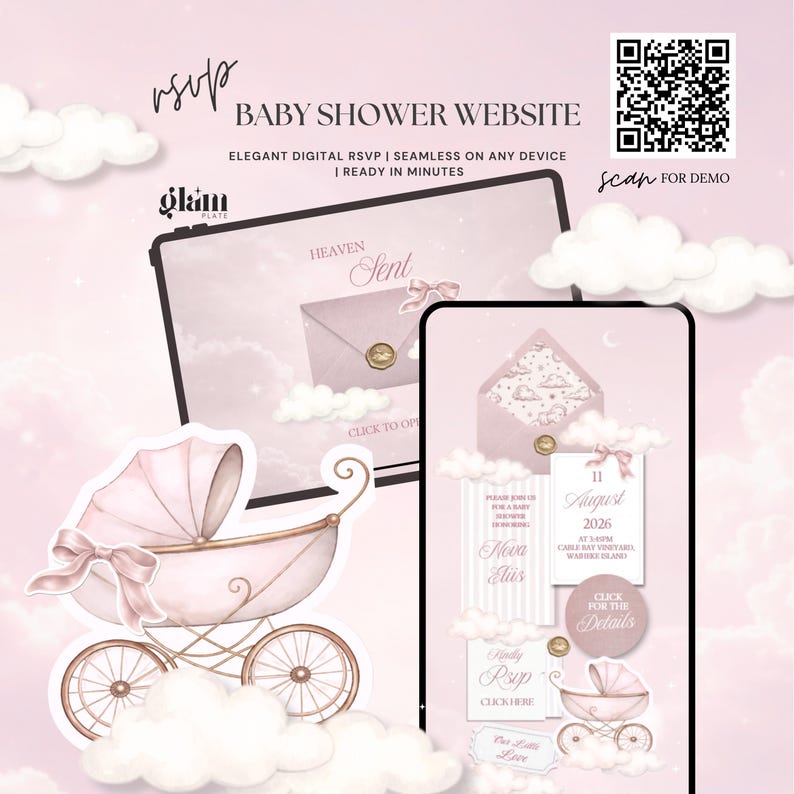 May include: A digital baby shower website design with a pink and gold color scheme. The design includes a baby carriage, clouds, and the text "Baby Shower Website." The website is elegant and seamless on any device.