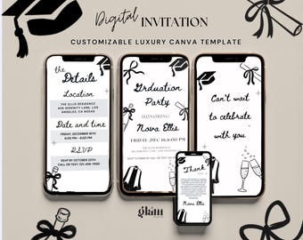 Black Bow Graduation editable inviting,modern graduation video invite,artful handdrawn graduation,Minimal Chic Design black and white