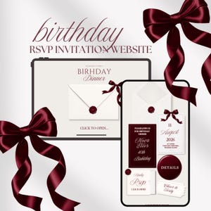 May include: A digital birthday RSVP invitation website displayed on a tablet and smartphone, featuring deep burgundy satin ribbons, a wax seal graphic, and text including "BIRHDAY DINNER," "Nova Ellis," "11 August 2026," and "Cheer to Forty."