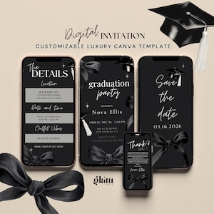 May include: A digital graduation invitation template displayed on smartphones. The design features a black and white colour scheme with bow accents and graduation caps. Text includes event details, date, time, and RSVP information.