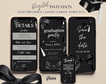 May include: A digital graduation invitation template displayed on smartphones. The design features a black and white color scheme with bow accents and graduation caps. Text includes event details, date, time, and RSVP information.