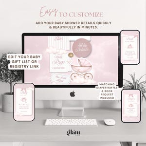 May include: A computer monitor displays baby shower details, with a pink and gold theme. The screen shows a baby carriage graphic, RSVP details, and gift list information. Additional screens show a diaper raffle and book request. Text includes "Easy to Customize".