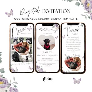 Modèle personnalisable d'invitation commémorative d'animal de compagnie de papillon lilas Modèle d'invitation de souvenir d'enterrement de chien de souvenir d'animal de compagnie