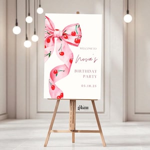 Cherry Bow Welcome Sign Coquette cherry baby shower cherry 1st birthday Teen Birthday Editable Template Cherry on Top cherry baby girl C1B