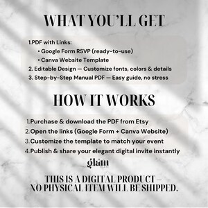 May include: White background with black text detailing a digital product. The text includes "WHAT YOU'LL GET" and "HOW IT WORKS", listing features like a Google Form RSVP and Canva Website Template. The product is a digital invite.