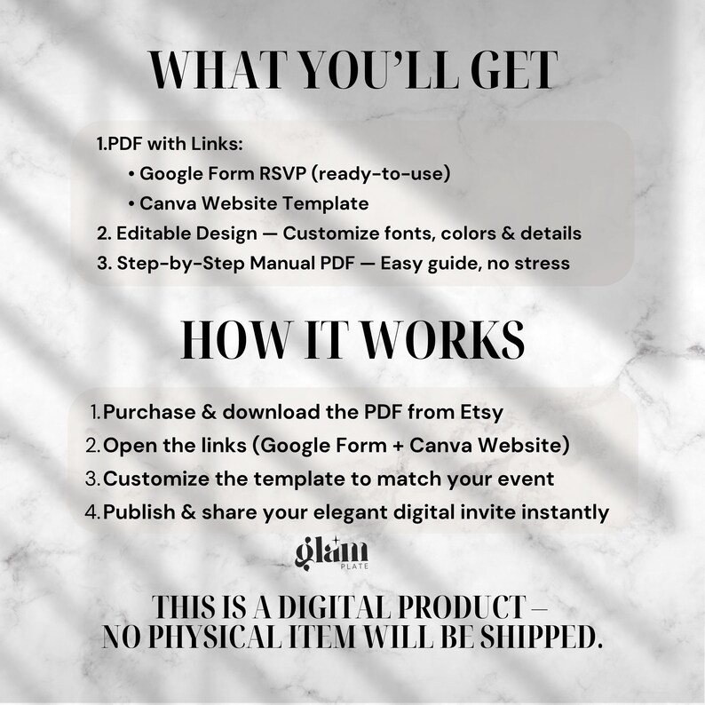 May include: White background with black text detailing a digital product. The text includes "WHAT YOU'LL GET" and "HOW IT WORKS", listing features like a Google Form RSVP and Canva Website Template. The product is a digital invite.