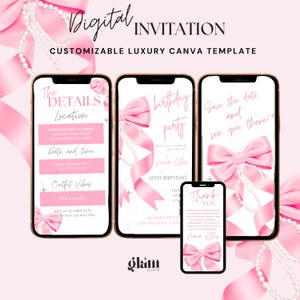 Peut inclure: Quatre mod&egrave;les d'invitation num&eacute;rique pour une f&ecirc;te d'anniversaire de 25 ans. Les mod&egrave;les pr&eacute;sentent un n&oelig;ud rose avec des perles, un fond en marbre et du texte qui dit "birthday party", "Save the date and see you there!" et "Thank you".