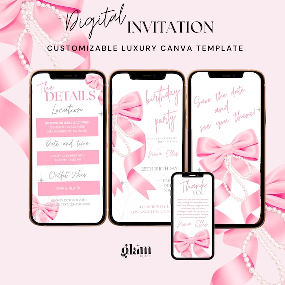 Animated bow pearl invite pink coquette bow invite,pink bow invitation coquette digital,pink birthday invite bow,pink bow bday invite