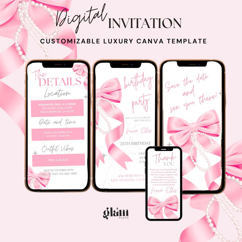 Peut inclure: Quatre mod&egrave;les d'invitation num&eacute;rique pour une f&ecirc;te d'anniversaire de 25 ans. Les mod&egrave;les pr&eacute;sentent un n&oelig;ud rose avec des perles, un fond en marbre et du texte qui dit "birthday party", "Save the date and see you there!" et "Thank you".