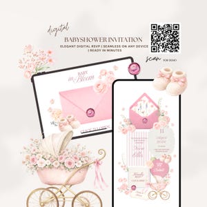 Puede incluir: Invitación digital para baby shower con diseño rosa y floral. La invitación presenta un sobre rosa, patucos y un cochecito de bebé. El texto incluye "Baby in Bloom" y "Click to Open."