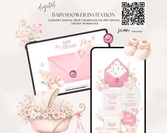 Pink flowerful spring wildflower baby in bloom invitation+rsvp,baby in blooming editable inviting,garden baby shower website invitation 8B