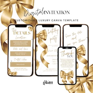 Modelo de convite de aniversário animado com laço dourado, laço coquete dourado, convite com laço dourado, convite com laço coquete dourado, convite de aniversário com laço dourado